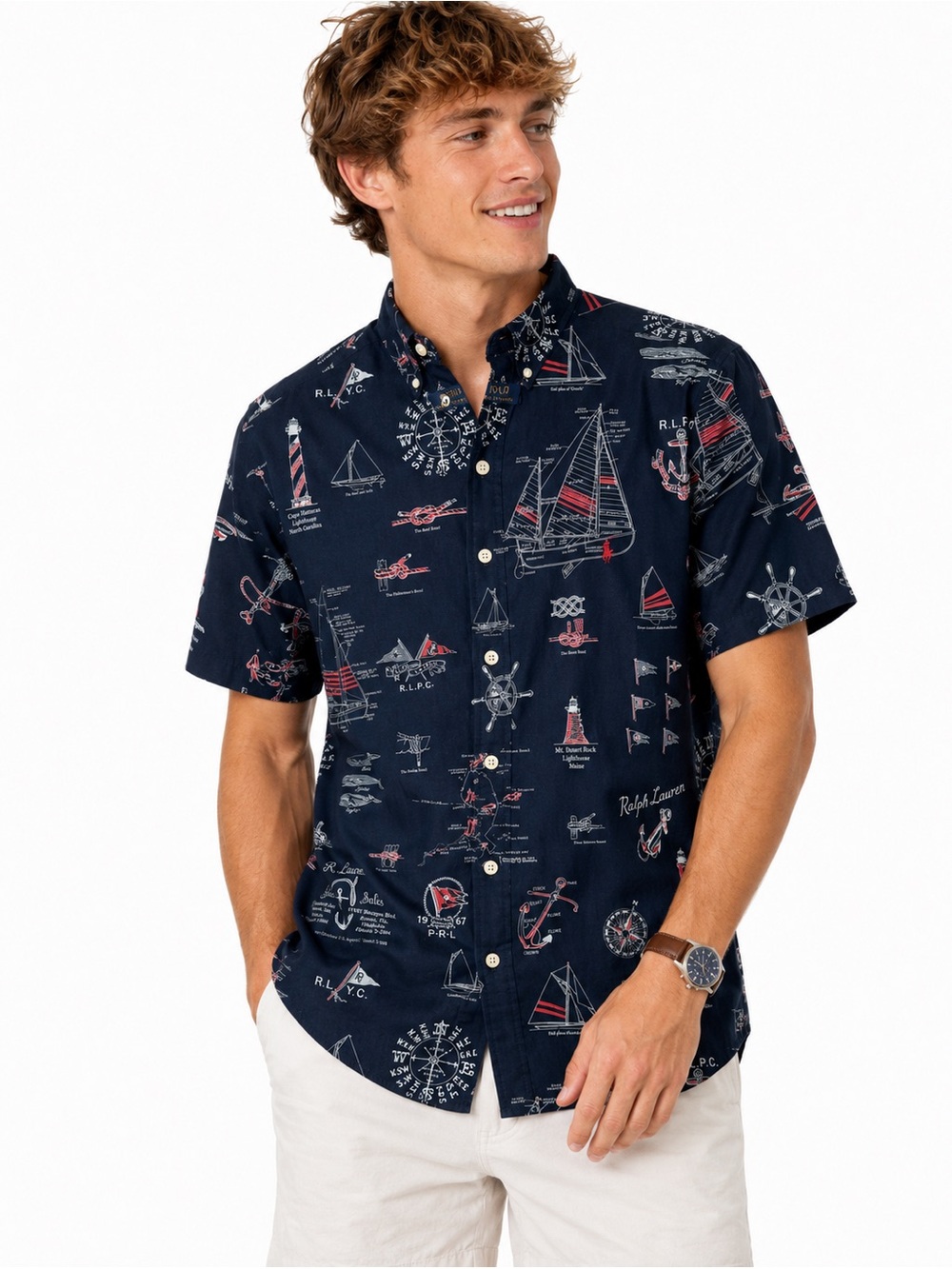 Polo Ralph Lauren RL Slim Fit Untucked Fit Nautical Sailboat Print Shirt XXL